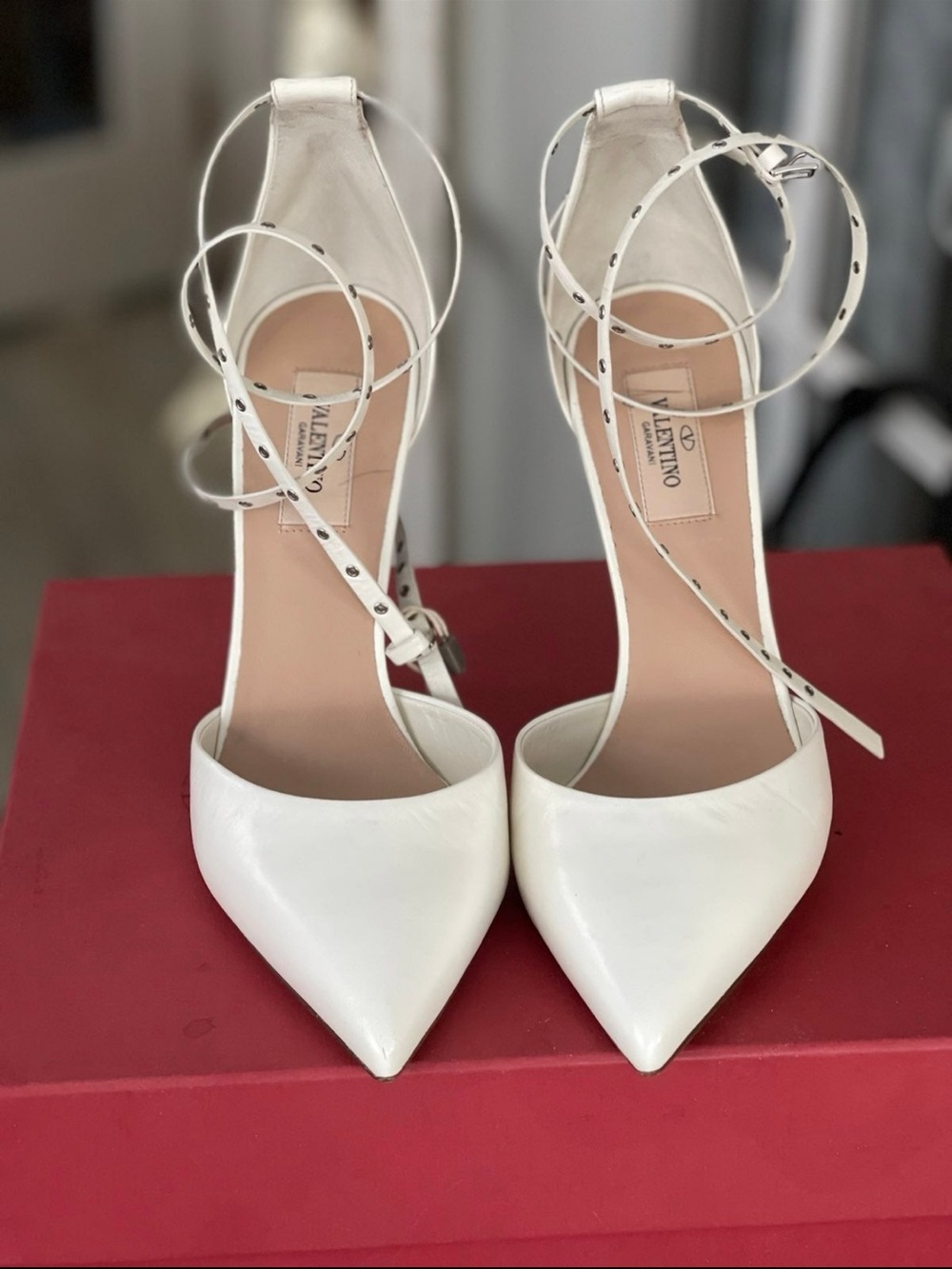 Valentino Garavani White Pointed-Toe Ankle-Tie Pumps